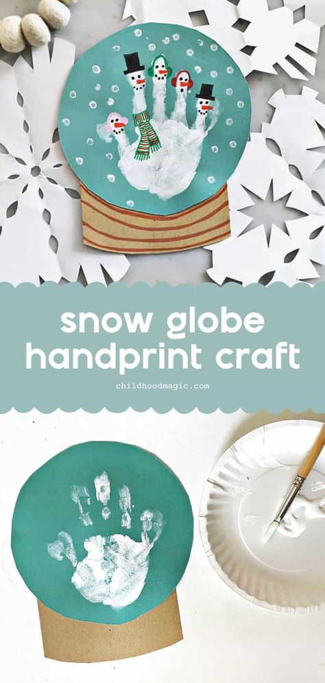 Snow Globe Craft with Handprints - Childhood Magic Kindergarten Snow Globe Craft, Christmas Craft Year 1, Holiday Handprints For Kids, Christmas Crafts For Pre K Kids, Snow Art Projects For Toddlers, Let It Snow Crafts For Toddlers, Christmas Ornament Crafts For Preschool, Snow Globe Handprint Craft, Handprint Snowglobe Craft