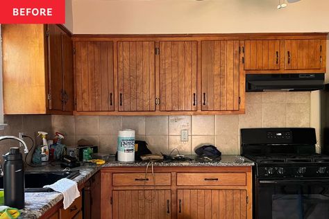 This home was built in the 1970s, and the kitchen was overwhelmingly brown. Credit: <a href="https://www.instagram.com/reel/CyAkz7Bu26a/?igsh=bTR5MzBoMXBpdjdp">Cherisse Blizard</a> 1970 Kitchen Cabinets, Old Wooden Kitchen Cabinets, 1970s Kitchen Cabinets Makeover, 1970 Kitchen Cabinets Makeover, Old Brown Kitchen Cabinets, Updating 70s House Kitchen, Update 1970s Kitchen Cabinets, 70s Style Kitchen Remodel, 1970s Kitchen Cabinets