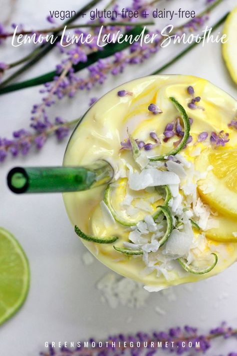 Lemon Lime Lavender Smoothie #proteinsnack #workoutsnack #smoothie #lavender #immunityboost #mealsmoothie #lemonsmoothie #dairyfree #vegan #glutenfree Lavender Smoothie, Lemon Smoothie, Fruity Recipes, Lemon Benefits, Healthy Green Smoothies, Lavender Lemon, Lemon Lavender, Healthy Smoothie, Breakfast Smoothies