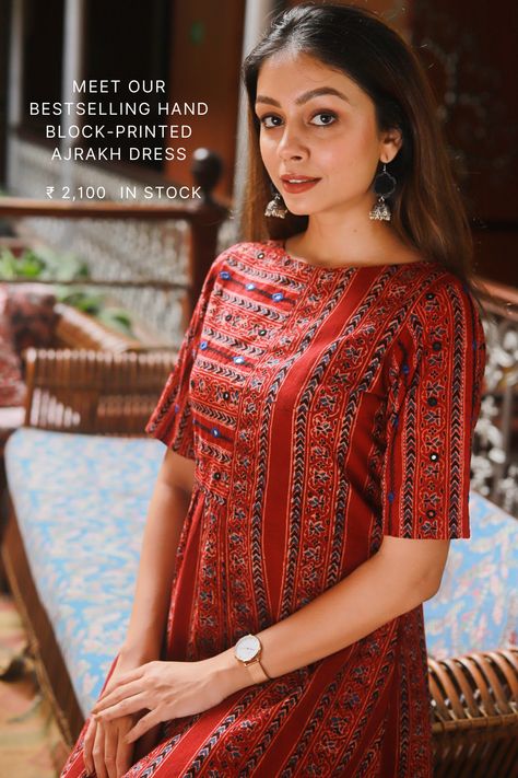 Ajrakh Motifs, Cotton Kurtis Online, Mirror Work Embroidery, Cotton Kurtis, Simple Kurta Designs, Designer Kurti Patterns, Kurti Designs Latest, Long Kurti Designs, Long Dress Design