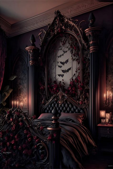 Goth Princess Bedroom, Vampire Bedroom Aesthetic Victorian, Dark Victorian Aesthetic Bedroom, Gothic Art Deco Home Decor, Dark Forest House Aesthetic, Gothic Romance Bedroom, Midevil Room Aesthetic, Gothic Interior Bedroom, Vampire Aesthetic Bedroom