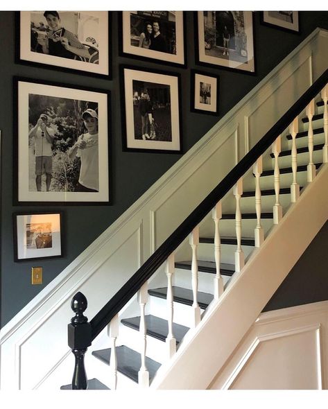 35 Gorgeous Black And White Stairs For A Classic Look Black Stairs Banister, White Landing And Stairs, Hallway Black And White Photos, Black And White Hand Railing, Traditional Staircase Ideas, Dark Blue Hallway And Stairs, Stairs And Wall Same Color, Entrance Hall And Stairs Ideas, Dark Staircase Walls