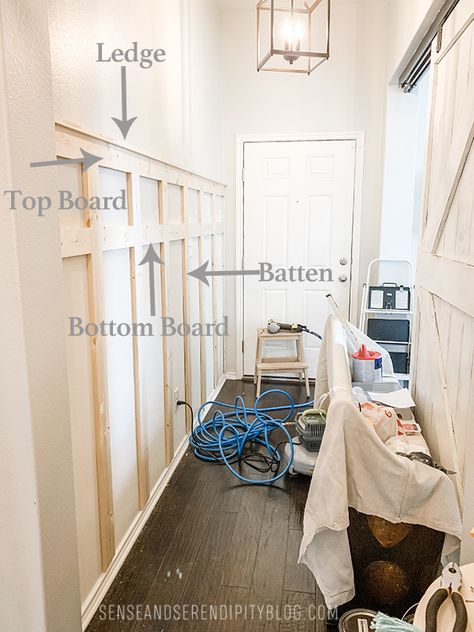 Easy DIY Board and Batten Entryway | Sense & Serendipity Diy Board And Batten Wall Entryway With Hooks, Mirror Above Board And Batten, Tall Board And Batten Hallway, Board And Batten Wall With Hooks Entryway, Board And Batten Entry Hallway, Entryway With Mudroom, Entry Board And Batten Entryway, Easy Board And Batten Wall Entryway, Board And Batten Entrance