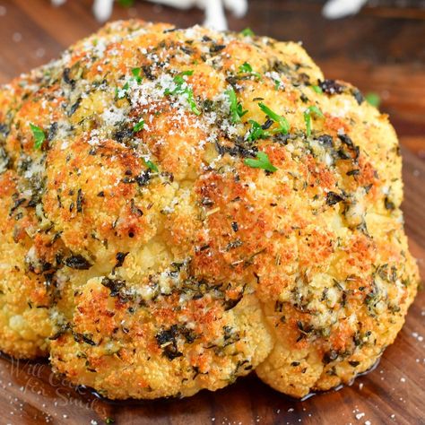 Whole Roasted Cauliflower Air Fryer Whole Cauliflower, Parmesan Cauliflower Roasted, Fresh Cauliflower Recipes, Whole Cauliflower Roasted, Air Fryer Cauliflower Recipes, Microwave Cauliflower, Italian Seasoning Mix, Baked Cauliflower Recipe, Italian Notes