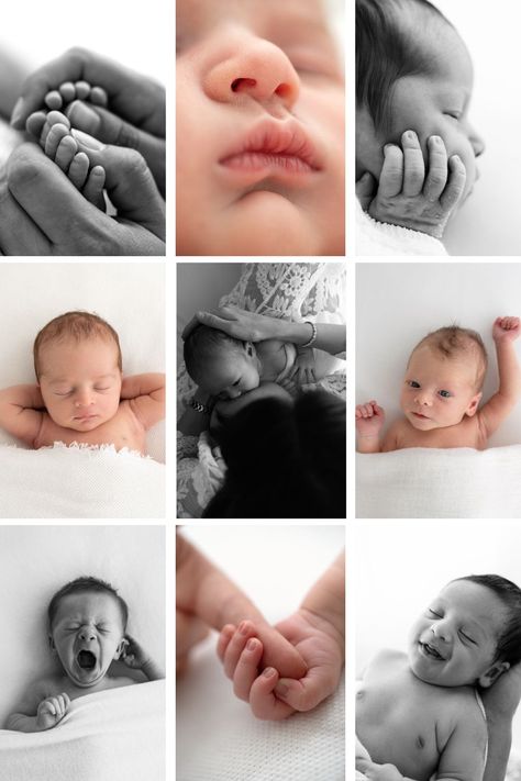 collage of newborn baby photos in colour and black and white: from little details like feet and hands to sleeping, smiling and yawning photos. Swaddling For Newborn Photos, Pictures To Take With Newborn, Newborn Inspo Pictures, Easy Newborn Photography At Home, Basic Newborn Photography, Little Boy Newborn Pictures, Props For Newborn Pictures, Diy Newborn Photo Ideas, Lifestyle Newborn Photography Poses