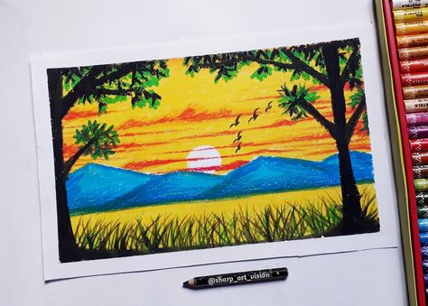 Scenery Drawing, Landscape Scenery Drawing, Sunrise Scenery Drawing, Oil Pastel Drawing, Beautiful Scenery Drawing, Oil Pastel Drawing For Beginners, Beautiful Sunrise Scenery Drawing, Scenery Drawing With Oil Pastels, Drawing With Oil Pastels, Sunrise Drawing, Sunrise Scenery, Scenery Drawing, Oil Pastel Art, Oil Pastel Drawings, Oil Pastels, Beautiful Sunrise