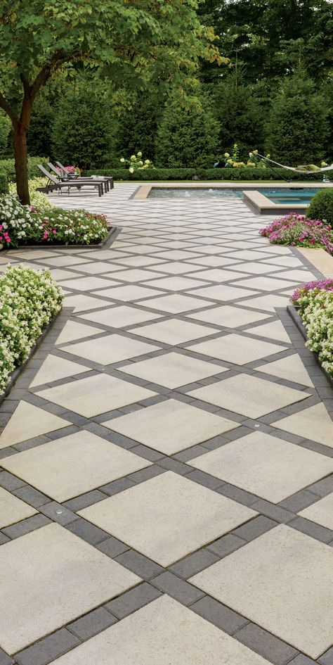 Industria Slab in Greyed Nickel - Smooth, paired with Victorien paver Outdoor Walkway, Backyard Pool Landscaping, Outdoor Gardens Design, Outdoor Decor Backyard, Backyard Patio Designs, Pool Landscaping, Pool Patio, Backyard Decor, Backyard Landscaping Designs