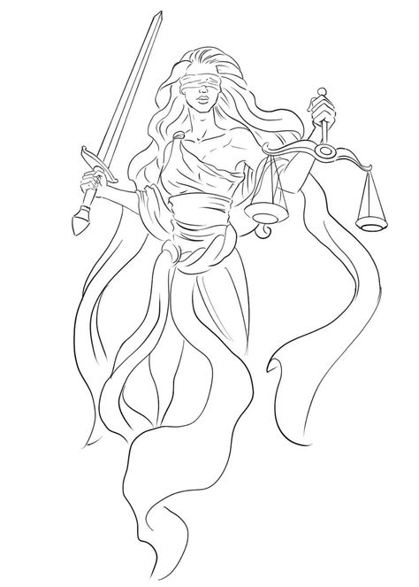 Greek Goddess Line Art, Lady Of Justice Drawing, Justice Lady Tattoo, Lady Justice Drawing, Lady Justice Tattoo Design, Libra Drawing, Justice Drawing, Lady Of Justice, Dr Tattoo