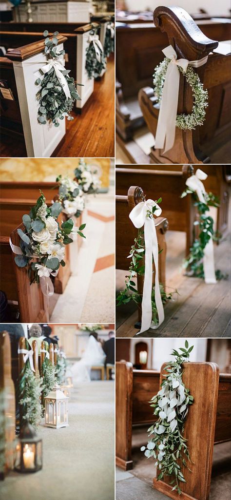 Countryside Themed Wedding, Wedding Decorations Altar, Outside Chapel Wedding Decorations, Chapel Wedding Ideas, Winter Wedding Pew Decorations, Simple Wedding Chapel Decorations, Simple Classic Wedding Aesthetic, Wedding Chapel Flowers, Catholic Wedding Decor