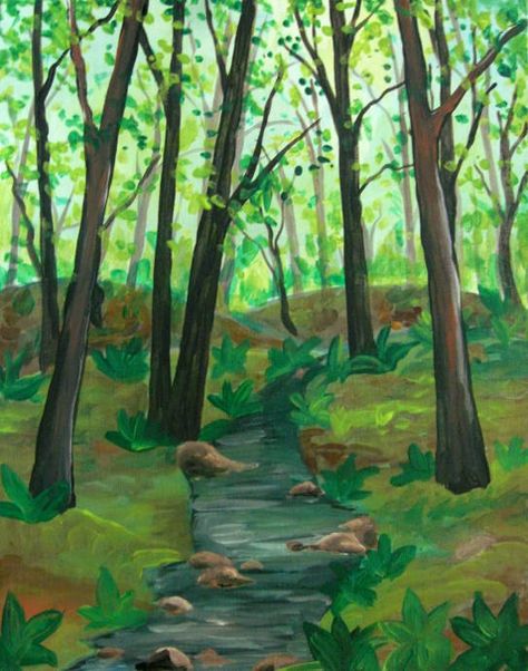 How To Paint A Forest In Acrylic Paint Jungle Drawing Forests, Watercolor Painting Trees Forests, Forest Background Drawing Easy, Forest Drawings Simple, Paintings Of Forests, Forest Trail Drawing, Natur Drawing Ideas, Simple Forest Background Drawing, Forest With Animals Drawing