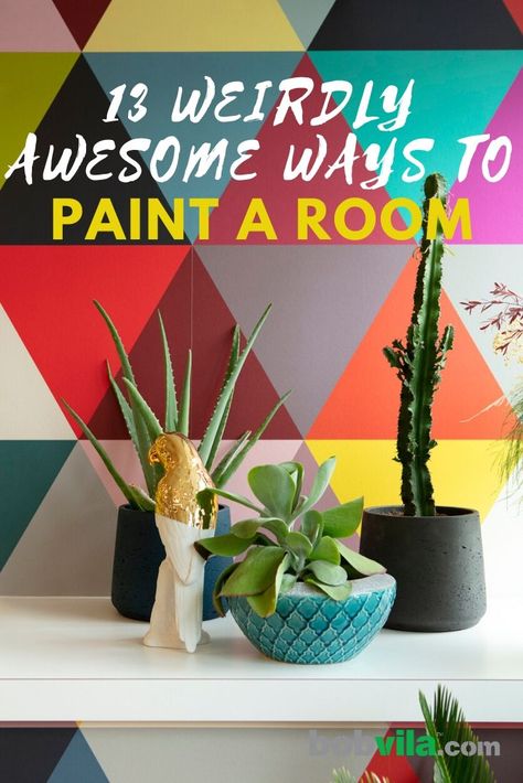 Sure you can paint a room a solid color, but why not let your personality shine through your paint choices. Check out these creative ways you can paint a room. From plaid walls to geometric floors, click through for awesome room painting ideas. | 13 Weirdly Awesome Ways to Paint a Room Geometric Paint Ideas For Walls, Painting Feature Wall Ideas, Walls Different Colors Each, Cool Hallway Paint Ideas, Painting Ideas For Walls Creative, Paint Wall Pattern Ideas, Painting Rooms Ideas, Painting Wall Decor Ideas, Paint Colors That Go Together