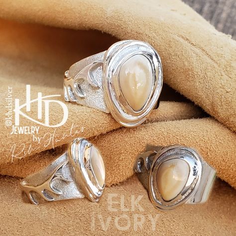 Beautiful handmade custom sterling men's elk ivory ring. Classic designs, antler accent. Elk Ivory Ring, Elk Ivory Jewelry, Elko Nevada, Elk Ivory, Ivory Jewelry, Kim Hunter, Ivory Ring, Hunting Camp, Elk Hunting