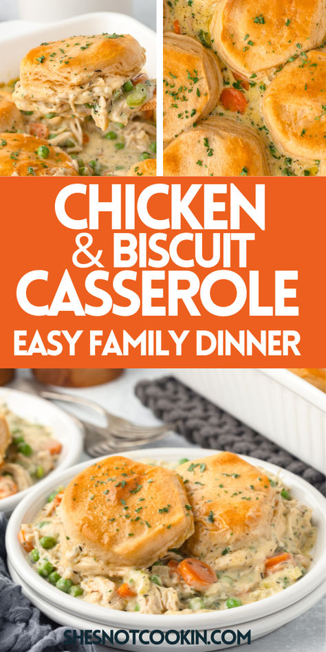 Chicken casserole recipe on a white plate. Easy Chicken Biscuit Recipes, Chicken Pot Biscuit Recipe, Chicken On A Biscuit Recipe, Chicken And A Biscuit, Chicken And Biscuits Casserole Recipes, Shredded Chicken Biscuit Recipes, Baked Chicken And Biscuits, Breaded Chicken Casserole Recipes, Chicken And Biscuit Casserole Pillsbury