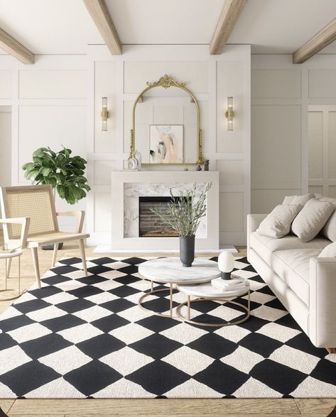 Black And White Rug In Living Room, Checked Rug Living Rooms, Checkered Bedroom Ideas, Black And White Rug Living Room, Checkered Bedroom, Black White Gold Living Room, Black And White Checkered Rug, Checkered Carpet, White Rug Living Room