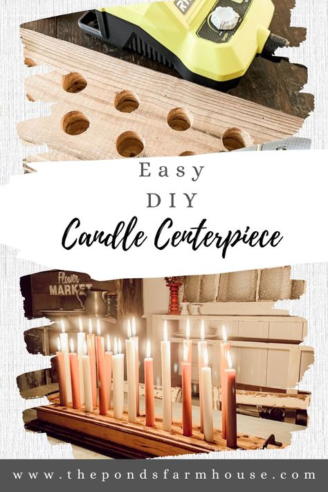 This Easy DIY Candle Centerpiece is so simple to make using reclaimed wood. I've included detailed instructions using reclaimed wood. Farmhouse style centerpiece, simple craft project, wedding centerpiece idea, table centerpiece. #diycenterpiece #diycandleholder #candleholder Diy Wooden Candle Stand, Wood Taper Candle Holders Diy, Diy Wood Candle Holder Centerpieces, Wood Block Candle Holder Diy, 2x4 Candle Holder, 4x4 Candle Holders Diy, Diy Candelabra Centerpiece, Diy Candle Stands, Diy Tealight Candle Holders