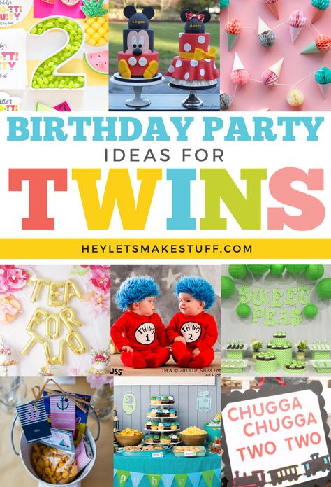 Throwing a birthday party for twins is double the fun! Here are a bunch of twin birthday party themes that are perfect for a pair. 3rd Birthday Theme Twins, Unique 1st Birthday Themes For Twins, Twinkie Birthday Theme, Double Trouble Party Theme, Twin Theme Party Ideas, Twin 1st Bday Ideas, 3 Year Twin Birthday, Fraternal Twin Birthday Party, Unisex First Birthday Party Ideas