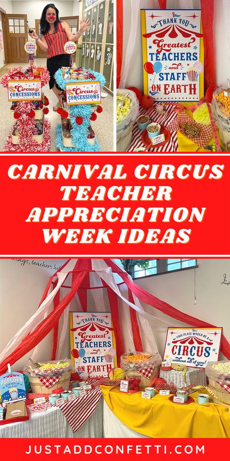 Step right up! If you are planning a PTA or PTO Carnival Circus Teacher Appreciation Week in the future, then this is the post for you! From our popcorn bar, staff luncheon, lottery ticket gifts, "chalk the walk" celebration, and our Circus Concessions carts...this post has so many fun teacher and staff appreciation ideas! Also, I designed a bunch of fun circus teacher appreciation themed decorations and printables. Find all of the party printables in my Just Add Confetti Etsy shop! Teachers Luncheon Ideas, Carnival Themed Teacher Appreciation, Pta Luncheon Ideas, Teacher Appreciation Week Carnival Theme, Carnival Theme Staff Appreciation, Teacher Appreciation Week Pto Ideas, Pto Valentines For Teachers, Teacher Popcorn Bar, Teacher Appreciation Valentines Day