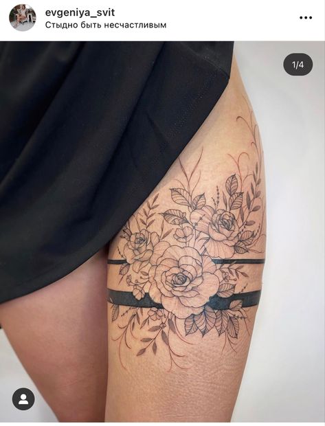 Cuff Tattoo Thigh, Double Forearm Tattoo, Thigh Tattoos Above Knee, Feminine Leg Tattoos Thigh Piece, Flower Thigh Band Tattoo, Ladies Thigh Tattoo, Classy Thigh Tattoos For Women, Thigh Cuff Tattoo Black Women, Leg Tattoo Inspo Women