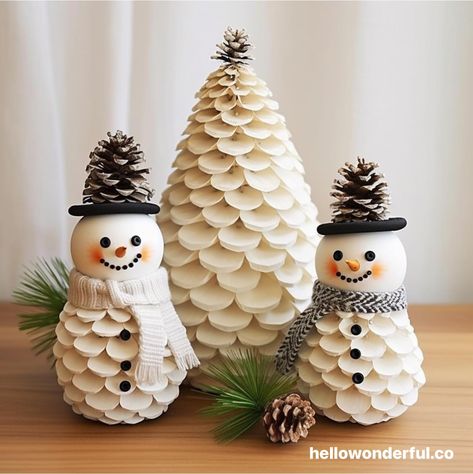 Pine cone snowman craft. Pine cone Christmas craft. Pine Cone Elf Ornaments, Pine Cone Crafts Animals, White Pinecones Diy, Pine Cone Snowman Craft, Pinecone Projects For Christmas, Pine Cone Crafts Knomes, Red Pine Cones, Pine Cone Basket Ideas, Craft Ideas With Pinecones