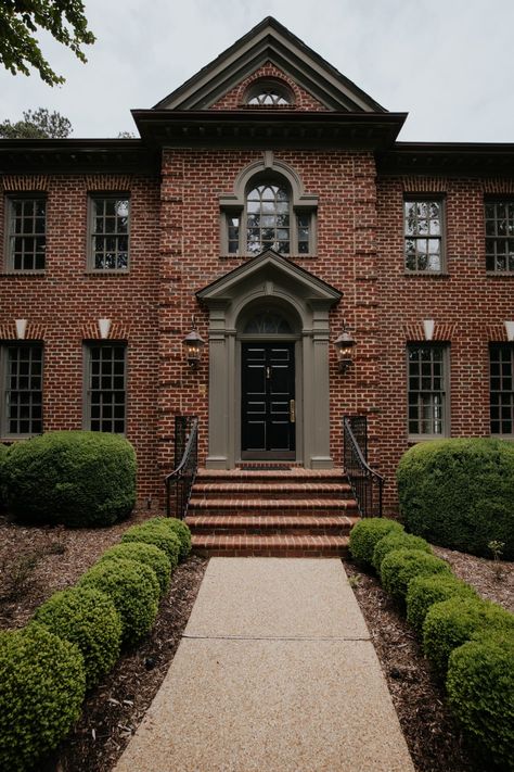 Red Brick Two Story House Exterior, Red Brick Windows, Builder Grade Exterior Makeover, Brick Colonial House Exterior, Brick House Trim, Brick Colonial House, Julia Marcum, Red Brick House Exterior, Red Brick Exteriors