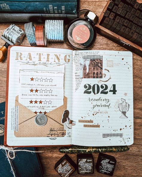 Happy Saturday ☕ I've started setting up my reading journal for 2024 and this year I wanted to include a ratings guide. I really liked… | Instagram Planner Journal Ideas Layout, Books Bujo Theme, Crafty Journal Ideas, Reading Junk Journal, 25 Books In 2025, This Year I Want To, 2024 Reading Journal Cover, 2025 Reading Journal, Book Journal Spreads Ideas