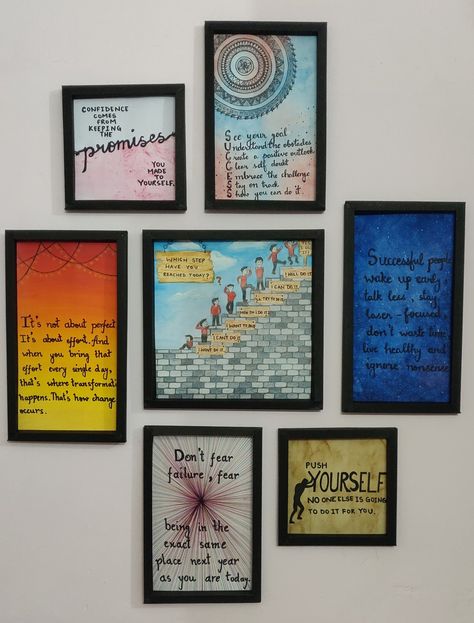 Diy Wall Art with motivational quotes Handmade frames Motivational Quotes Painting Wall Art, Diy Quotes On Paper Wall Art, Wall Thought Frame, Study Room Quotes Wall Art, Motivational Quote Paintings On Canvas, Card Board Crafts Diy Wall Art, Mandala Frame Wall Art, Handmade Poster Ideas Creative, Diy Motivational Wall Art