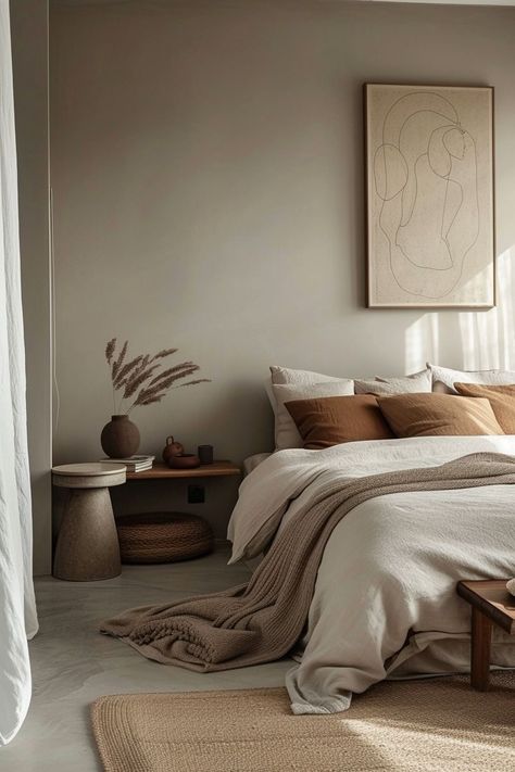 Bedroom In Earthy Tones, Bedroom Bohemian Modern, Grey Wall Bedroom Ideas Decor, Olive And Brown Bedroom, Mid Century Minimalist Bedroom, Brown Wall Room Aesthetic, Brown And Grey Bedding, Brown Tone Bedroom, Grey Bedding Bedroom Ideas