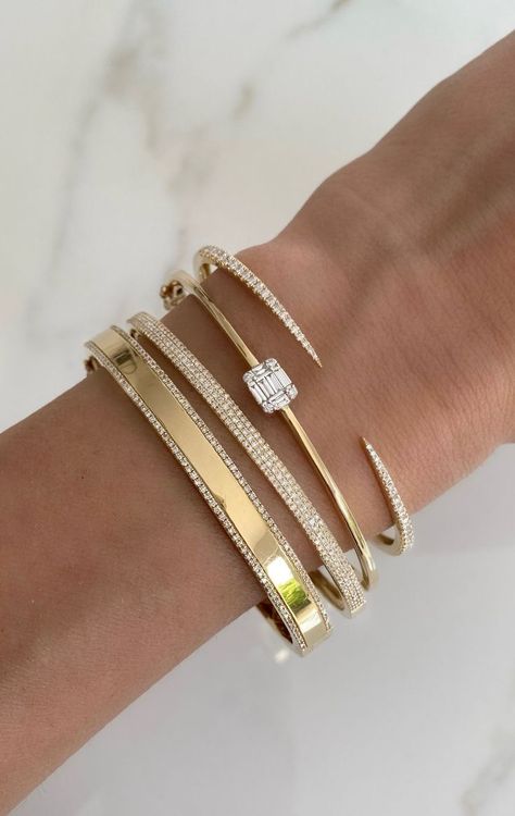 Jewellery Stack, Bridal Clothes, Arm Stack, Gold Bracelets Stacked, Wrist Jewelry, Luxe Jewelry, Classic Bracelets, Baguette Diamonds, Bracelets Gold Diamond