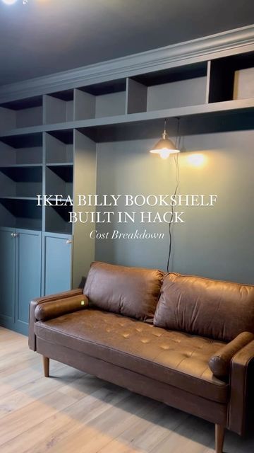 Charlotte & Oliver | Home DIY & Design on Instagram: "Cost breakdown of our IKEA Billy Bookcase hack!! (Keep in mind that prices can fluctuate so they might not be exactly what’s listed below, but this was the cost of everything when we were working on this project in December 2023!) We still need to finish painting a couple areas in this room, change the ceiling light fixture, thrift some more decorations, and update the desk side of the room! Stay tuned to see how this project turns out! 😍 Paint color: Yorktowne Green by @benjaminmoore #ikeahacks #ikeahack #billybookcase #builtinshelves #diyhomeprojects #diyhomeimprovement #diyhomedecorating #officedecoration" Bookcase Around Couch, Ikea Bedroom Bookshelf, Billy Bookcase Built In Bedroom, Billy Bookcase And Desk Hack, Bookcase Around Sofa, Billy Bookcase Hack Desk, Diy Spare Room Ideas, Billy Bookcase Desk, Bookshelf Couch