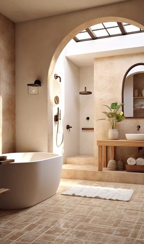 Mediterranean Master Bath Ideas, Colombia Houses, Master Bathrooms Luxury Modern, Spanish Colonial Bedroom, Modern Spanish Style Bathroom, Spanish Modern Bathroom, Spanish Mediterranean Interior, Spanish Villa Interior, Modern Mediterranean Bathroom