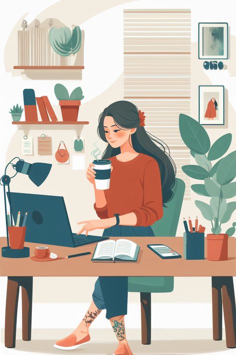 Woman working at a desk at home Notion Cover Illustration, Woman Working Illustration, Working At Desk Illustration, Art Studio Illustration, Working Women Illustration Art, Independent Woman Illustration Art, Different Illustration Styles, Sitting At A Desk Reference, Tutoring Aesthetic