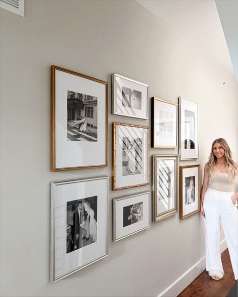 Three Frame Gallery Wall, Gallery Wall Assorted Frames, Behind Couch Gallery Wall Ideas, Celebrity Gallery Wall, Wedding Photos Wall Display Living Rooms, Simple Gallery Wall Hallway, Hallway Gallery Wall Layout, 3 Photo Gallery Wall, Wedding Decor Picture Display