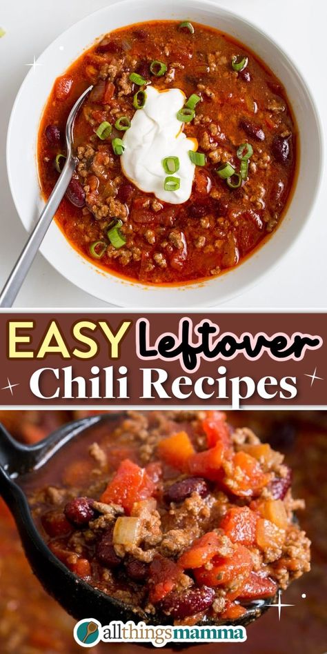 10 Easy Leftover Chili Recipes social collage graphic Chili Leftovers, Leftover Chili Recipes, National Chili Day, Leftover Chili, Chili Soup, Supper Recipes, Main Course Recipes, Bbq Recipes, Chili Recipes