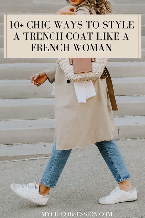 Are any things as iconic as a French girl in a trench coat? I think not. It’s a staple item that makes up Parisian style, and donning one is one of the easiest ways to look chic. Read on for tips on how you can master wearing a trench coat like a French girl! #trenchcoatoutfit #parisianstyle #parisianchic #parisianfashion #frenchfashion French Trench Coat Outfit, Women Wearing Trench Coat, French Style Trench Coat, How To Dress Up A Trench Coat, Cute Outfits With Trench Coats, What To Wear With Trench Coat, How To Wear A Trench Coat Spring, Ways To Style Trench Coat, Jcrew Trench Coat Outfit