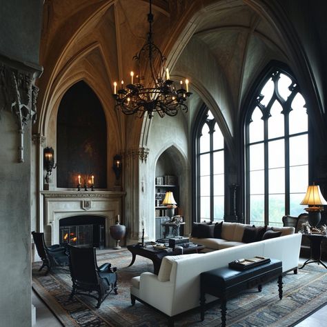 White Gothic Living Room, Gothic House Modern, Modern Gothic Living Room, Witchy Houses, Gothic Modern House, Modern Gothic Home, Gothic Formal, Gothic Style Home, Gothic Living Room