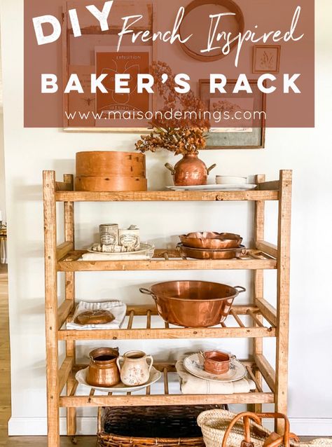 This French Inspired Baker's Rack is one of my FAVORITE pieces in our home! Diy Kitchen Rack Shelves, Diy Bakers Rack, Bakers Rack Ideas, Bakers Rack Decorating, Diy Rack, Baker's Rack, Shelf Board, Antique Booth, Bakers Rack