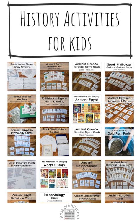 Free tutorials and printables resources for fun, hands-on history activities for kids. Includes areas such as ancient history and U.S. history. via @researchparent History Class Activities, Time Travel Activities For Kids, Elementary History Activities, History Activities For Kids, Art History Activities, History Lessons For Kids, Elementary History, History Printables, Art History Timeline