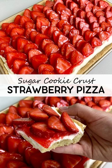 Strawberry pizza has a chewy sugar cookie crust covered in a sweetened cream cheese layer, that is topped with a strawberry glaze and tons of fresh strawberries! Strawberry Pizza Pie, Strawberry Pizza With Sugar Cookie Crust, Fruit Pizza Pillsbury Sugar Cookie, Strawberry Pizza Dessert Easy, Easy Fresh Strawberry Desserts, Strawberry Pizza Dessert, Deserts With Strawberries, Desert Hacks, Strawberry Pizza Recipe