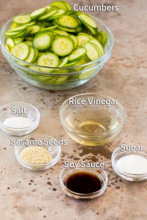 Japanese Cucumber Crab Salad, Japanese Marinated Cucumbers, Quick Asian Side Dish, Cucumber Salad Japanese Recipes, Japanese Pickled Cucumbers Recipe, Sides For Asian Food, Cucumber Salad Asian Rice Vinegar, Sushi Restaurant Cucumber Salad, Quick Japanese Lunch