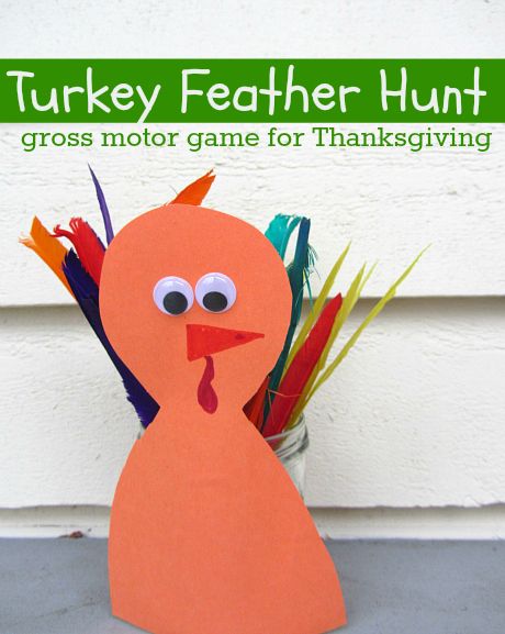 turkey feather hunt for children at thanksgiving - just hide feathers so kids can find and put them in a jar with a turkey on it for a fun gross motor game. Fun Thanksgiving Games, Thanksgiving Games For Kids, Thanksgiving Crafts Preschool, Thanksgiving Preschool, Gross Motor Activities, Fall Preschool, Thanksgiving Theme, Turkey Feathers, Thanksgiving Games