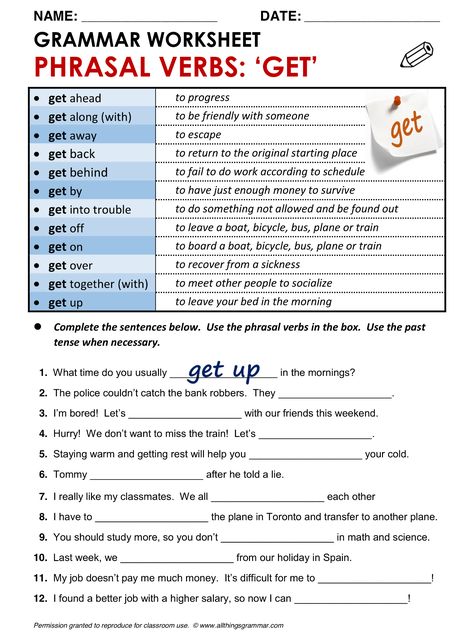 English Grammar Worksheet Phrasal Verbs with 'GET'… Phrasal Verbs With Up, Verbs In English, English Grammar Exercises, English Collocations, English Teaching Materials, English Worksheet, English Exercises, Verb Worksheets, English Grammar Worksheets