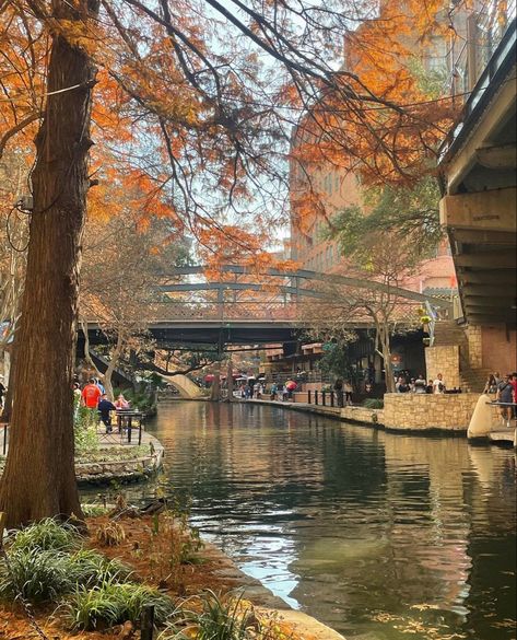 Fall vibes photo of downtime river walk in San Antonio Fallout Texas, San Antonio Texas Aesthetic, River Walk San Antonio Texas, San Antonio Texas Riverwalk, Texas Vibes, Fall In Texas, Riverwalk San Antonio, Texas Aesthetic, Living In Texas