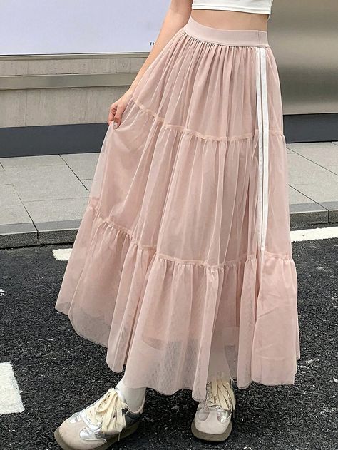 Pink Casual Collar  Fabric Colorblock,Plain,Striped Flared Embellished Medium Stretch  Women Clothing Long Cute Skirts, Pink Skirt Long, Pink Long Skirt, Gonna In Tulle, White Women Dresses, Skirts Flowy, Long Skirt Summer, Rose Bonbon, Women Skirts