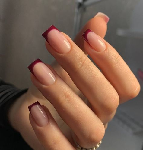 Discover 25 Stunning Burgundy Fall Nails Ideas - Designs, Colors, and Shapes for Every Style Autumn Biab Nails Square, Simple Nails Burgundy, Gel Mani Short Nails Fall Colors, Short Taper Square Nails, Cute Dark Red Nail Designs, French Color Nails Design, Square French Tip Acrylic Nails Color, French Nails With Burgundy, Gel X Coffin Nails