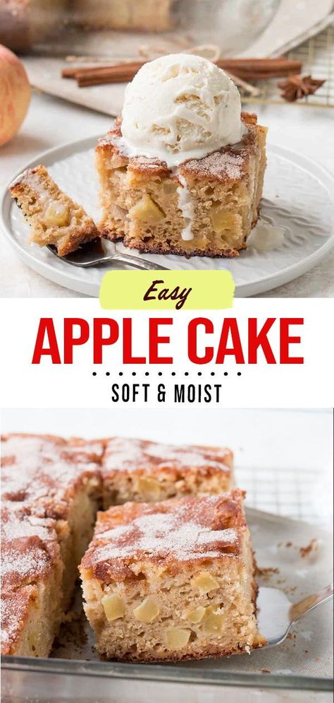 This apple cake has a soft and moist crumb and the cake is topped with a delightful cinnamon sugar topping. 8x8 Apple Cake, Moist Apple Cake Recipe, Small Apple Cake, Apple Snack Cake, Fresh Apple Cake Recipe Easy, Easy Apple Cake With Fresh Apples, Apple Cake Recipes Moist, Quick Apple Desserts, Simple Apple Cake