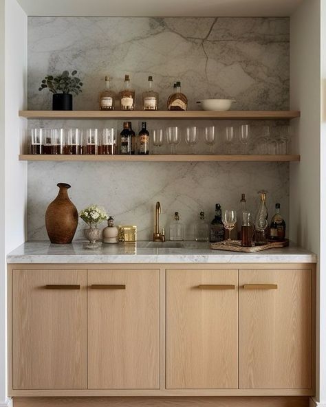 Studio Mcgee Wet Bar, Wet Bar Floating Shelves Ideas, Modern Bar Basement, Coffee Bar Kitchen Ideas, Built In Bar In Dining Room, Wet Bar Living Room, Wet Bar Shelves, Wet Bar In Living Room, Wet Bar In Dining Room