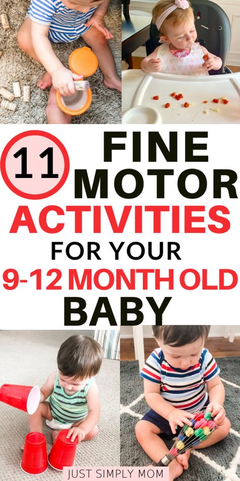 11 Simple, Developmental Fine Motor Activities for Infants 9-12 Months Old - Teaching Littles Fine Motor Activities For Infants, Motor Activities For Infants, 9 Month Old Baby Activities, Activities For Infants, Waldorf Learning, 11 Month Old Baby, Baby Development Activities, 9 Month Old Baby, Learn Through Play