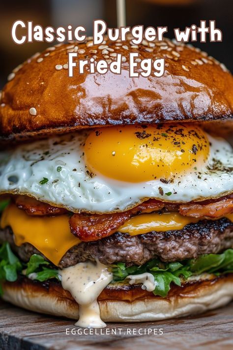 If you are craving a mouthwatering, hearty meal, try the Classic American Burger with Fried Egg. #Burger with Fried Egg and bacon #chicken burger with fried egg #burger and fried egg #fried egg burger recipes #fried egg burger bowl #turkey burger fried egg #burger recipes with fried egg #burger fried egg #burger and fried egg #cheese burger with fried egg #bunless burger with fried egg #classic burger #classic burger recipes Bunless Sandwiches, Breakfast Burger Ideas, Burger With Egg On Top, Cheeseburger With Egg, Burger With Fried Egg, Burger With Egg, Hamburger With Egg, Fried Egg Burger, Classic Burger Recipes