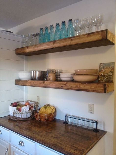 Diy Shelves Design, Diy Shelves Ideas, Diy Floating Shelves, Diy Kitchen Shelves, Kitchen Floating Shelves, Kitchen Shelf Decor, Kitchen Wall Shelves, Floating Shelves Kitchen, Floating Shelves Diy