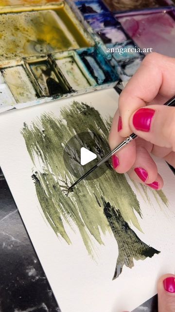 Ann Garcia | watercolor • art • design on Instagram: "I just love willow trees, and I’m excited to see them leaf out this spring! 💚 IG recommended this audio by @fabricesotton and it is the perfect accompaniment. Thank you for this beautiful music, Fabrice. 🌸  Notes: White space is critical in watercolor because that’s where the light and highlights come through. In this reel, I intentionally left white spaces between some brush strokes in order to allow light through the tree. This open space provides an opportunity to see through the tree and then create tree limbs. In nature, most trees have open spaces where light comes through, especially when trees are older (like this old willow that I painted today). If you find the you consistently create dark watercolor paintings that lack ligh Watercolor Willow Tree Tutorial, Willow Tree Watercolor Painting, Trees In Watercolour, Painting Willow Tree, Watercolor Trees Tutorial, Willow Tree Watercolor, Watercolor Art Tree, Watercolor Willow Tree, Fall Tree Watercolor Painting